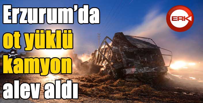 Erzurum’da ot yüklü kamyon tamamen yandı.